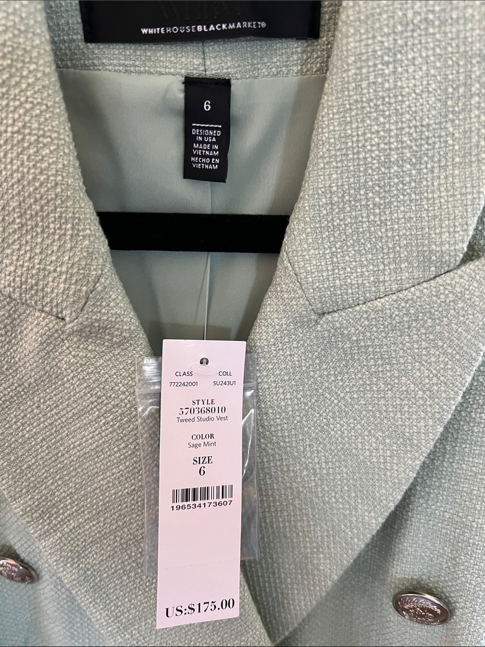 White House Black Market Sage Mint Tweed Double-Breasted Vest - Picture 2 of 4